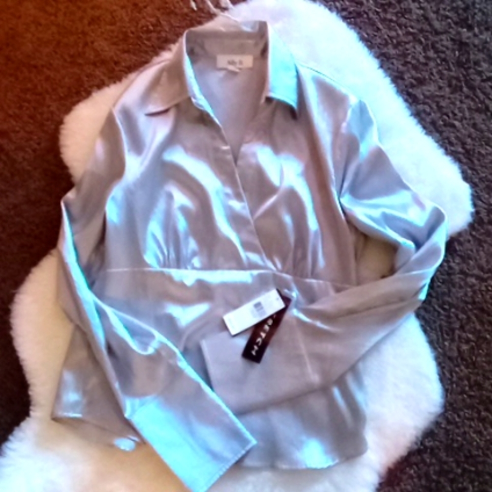 NWT silver satin collared v neck blouse sz L